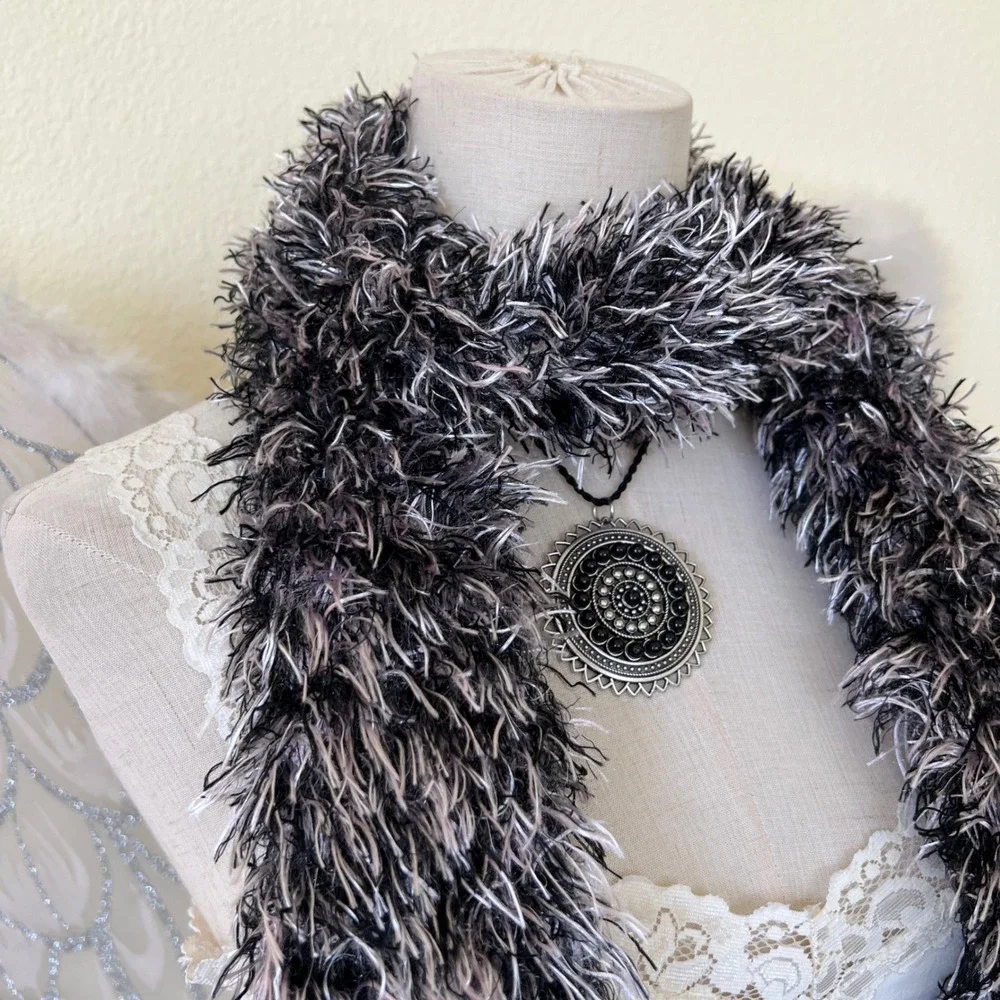 Black and White Fuzzy Eyelash Knit Scarf Soft Textured Y2K Rave Soft Girl Grunge